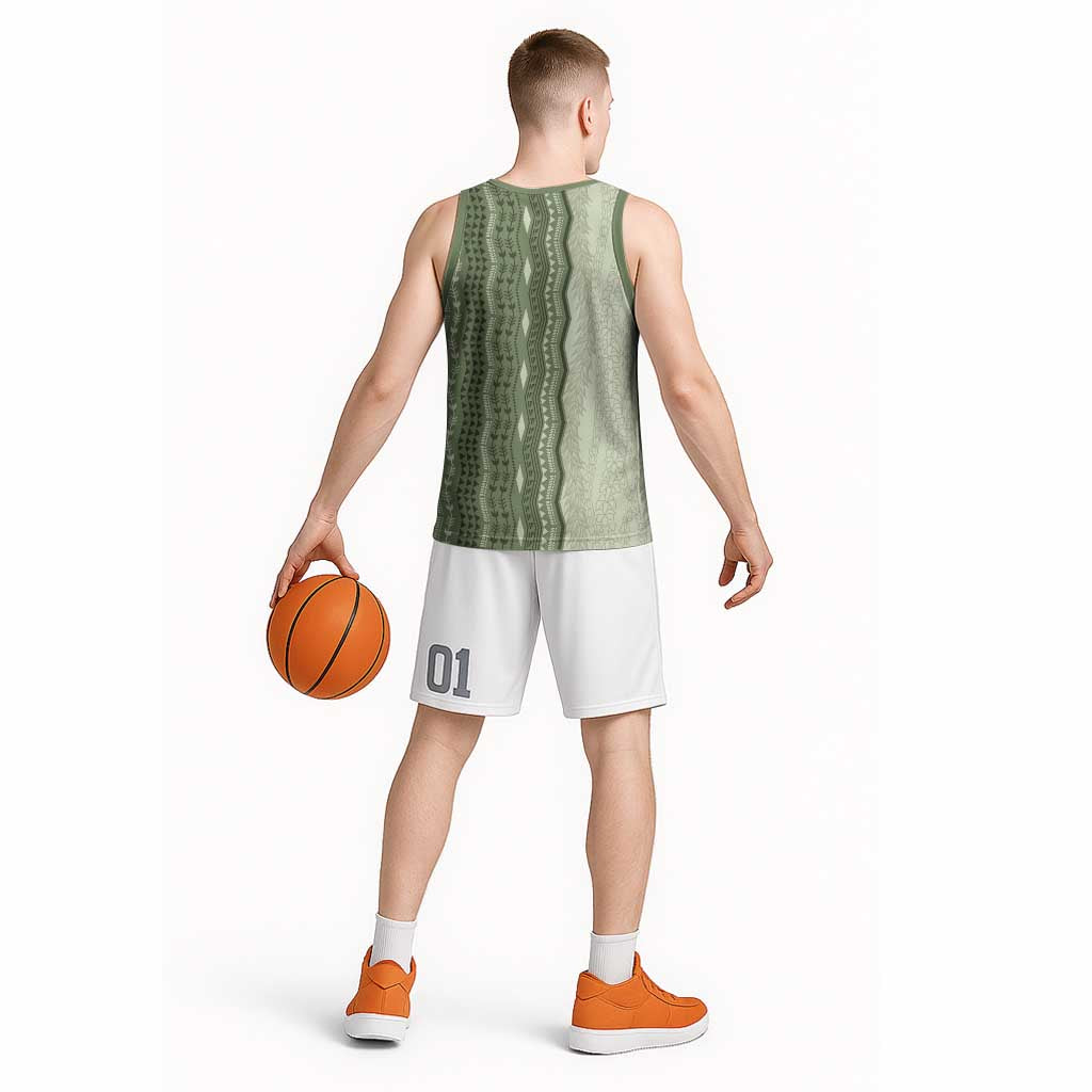 Vintage Sage Green Hawaiian Traditional Kapa Mix Flowers Lei Basketball Jersey LT7 - Polynesian Pride