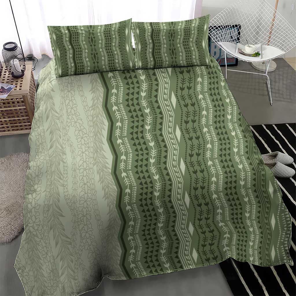 Vintage Sage Green Hawaiian Traditional Kapa Mix Flowers Lei Bedding Set LT7 - Polynesian Pride