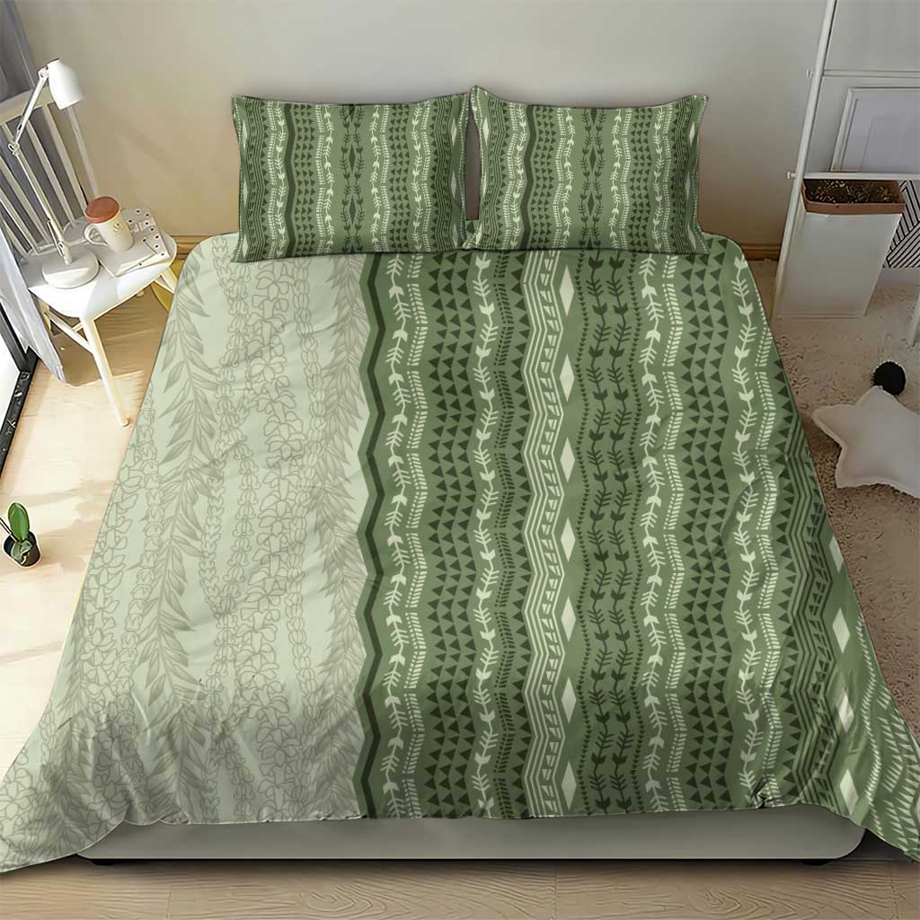 Vintage Sage Green Hawaiian Traditional Kapa Mix Flowers Lei Bedding Set LT7 - Polynesian Pride