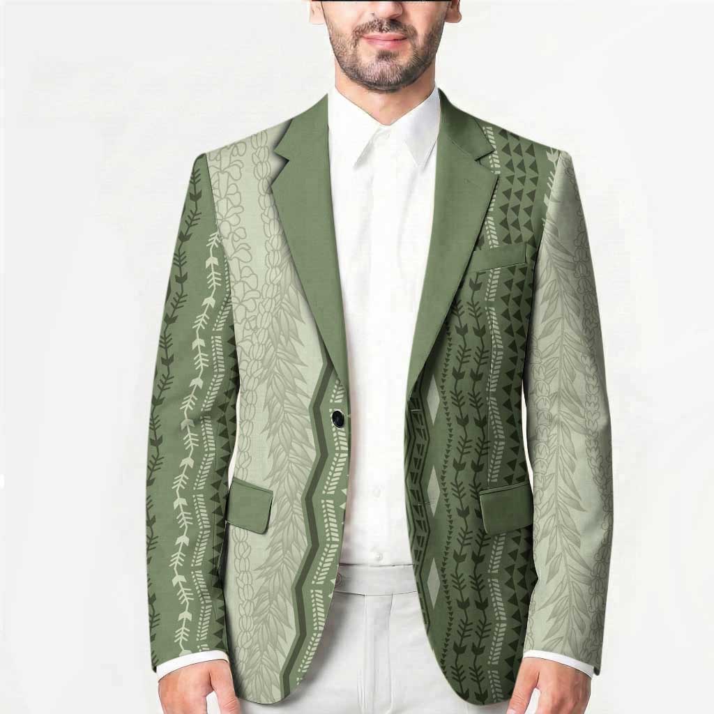 Vintage Sage Green Hawaiian Traditional Kapa Mix Flowers Lei Blazer LT7 - Polynesian Pride