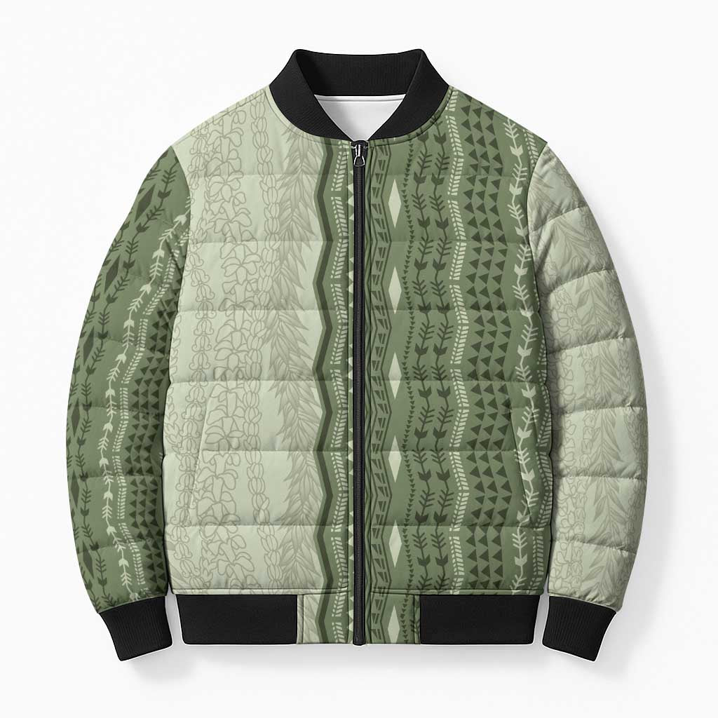 Vintage Sage Green Hawaiian Traditional Kapa Mix Flowers Lei Bomber Puffer Jacket LT7 Unisex Sage Green - Polynesian Pride