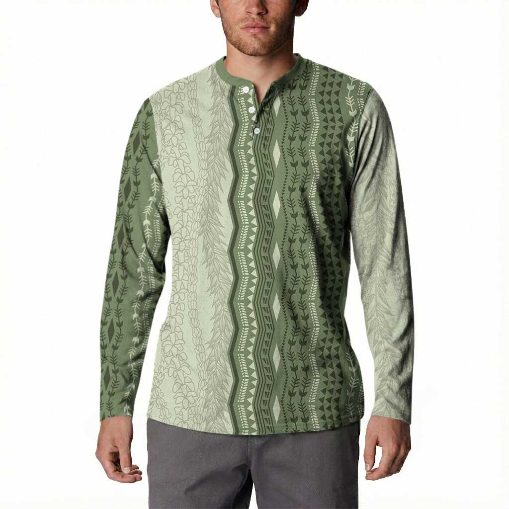 Vintage Sage Green Hawaiian Traditional Kapa Mix Flowers Lei Button Sweatshirt LT7 - Polynesian Pride