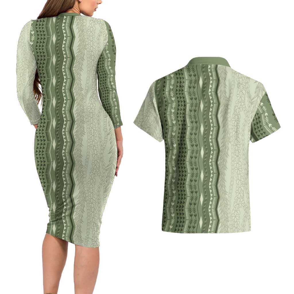 Vintage Sage Green Hawaiian Traditional Kapa Mix Flowers Lei Couples Matching Long Sleeve Bodycon Dress and Hawaiian Shirt