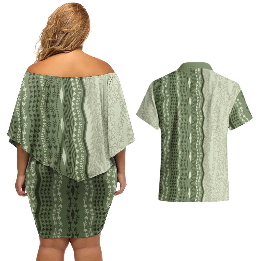 Vintage Sage Green Hawaiian Traditional Kapa Mix Flowers Lei Couples Matching Off Shoulder Short Dress and Hawaiian Shirt