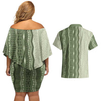 Vintage Sage Green Hawaiian Traditional Kapa Mix Flowers Lei Couples Matching Off Shoulder Short Dress and Hawaiian Shirt
