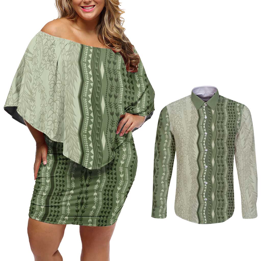 Vintage Sage Green Hawaiian Traditional Kapa Mix Flowers Lei Couples Matching Off Shoulder Short Dress and Long Sleeve Button Shirt