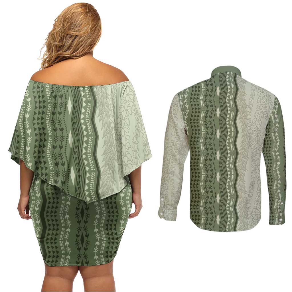 Vintage Sage Green Hawaiian Traditional Kapa Mix Flowers Lei Couples Matching Off Shoulder Short Dress and Long Sleeve Button Shirt