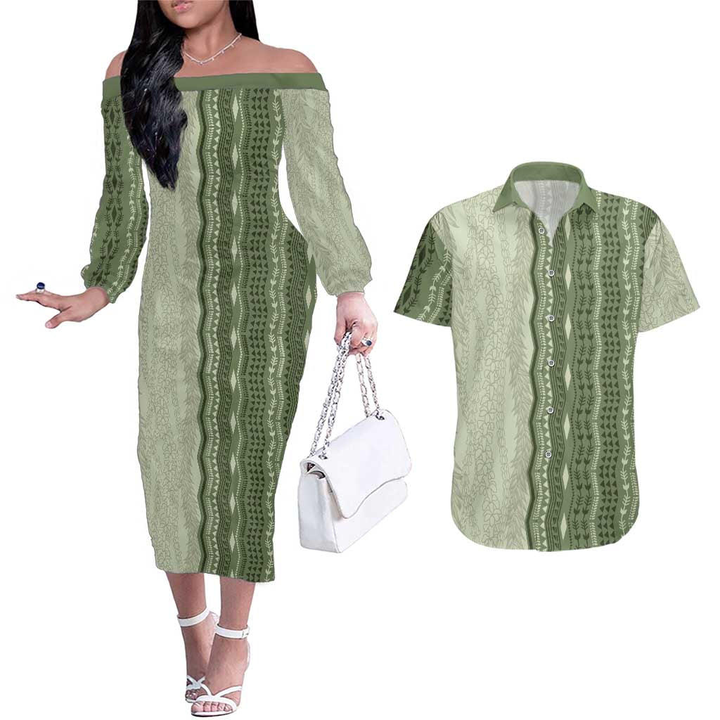 Vintage Sage Green Hawaiian Traditional Kapa Mix Flowers Lei Couples Matching Off The Shoulder Long Sleeve Dress and Hawaiian Shirt LT7 Sage Green - Polynesian Pride