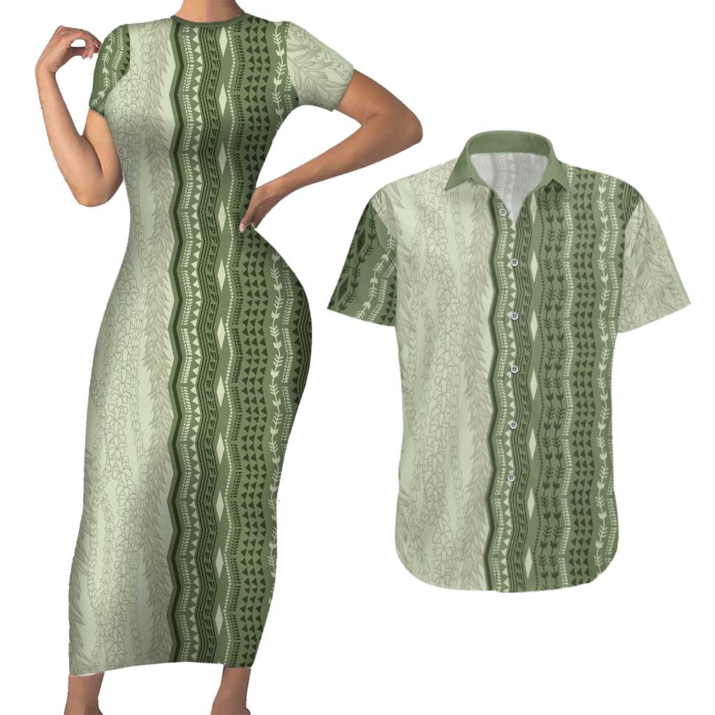 Vintage Sage Green Hawaiian Traditional Kapa Mix Flowers Lei Couples Matching Short Sleeve Bodycon Dress and Hawaiian Shirt LT7 Sage Green - Polynesian Pride
