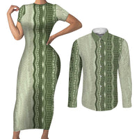 Vintage Sage Green Hawaiian Traditional Kapa Mix Flowers Lei Couples Matching Short Sleeve Bodycon Dress and Long Sleeve Button Shirt