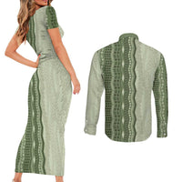 Vintage Sage Green Hawaiian Traditional Kapa Mix Flowers Lei Couples Matching Short Sleeve Bodycon Dress and Long Sleeve Button Shirt