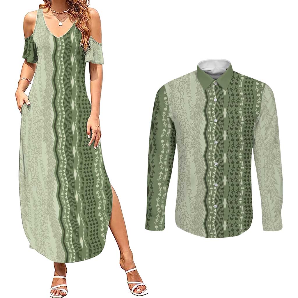Vintage Sage Green Hawaiian Traditional Kapa Mix Flowers Lei Couples Matching Summer Maxi Dress and Long Sleeve Button Shirt LT7 Sage Green - Polynesian Pride
