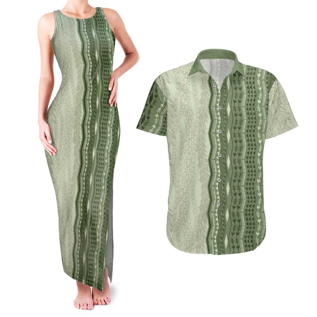 Vintage Sage Green Hawaiian Traditional Kapa Mix Flowers Lei Couples Matching Tank Maxi Dress and Hawaiian Shirt LT7 Sage Green - Polynesian Pride
