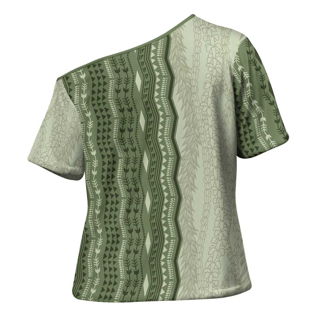 Vintage Sage Green Hawaiian Traditional Kapa Mix Flowers Lei Cross Shoulder Shirt LT7 - Polynesian Pride