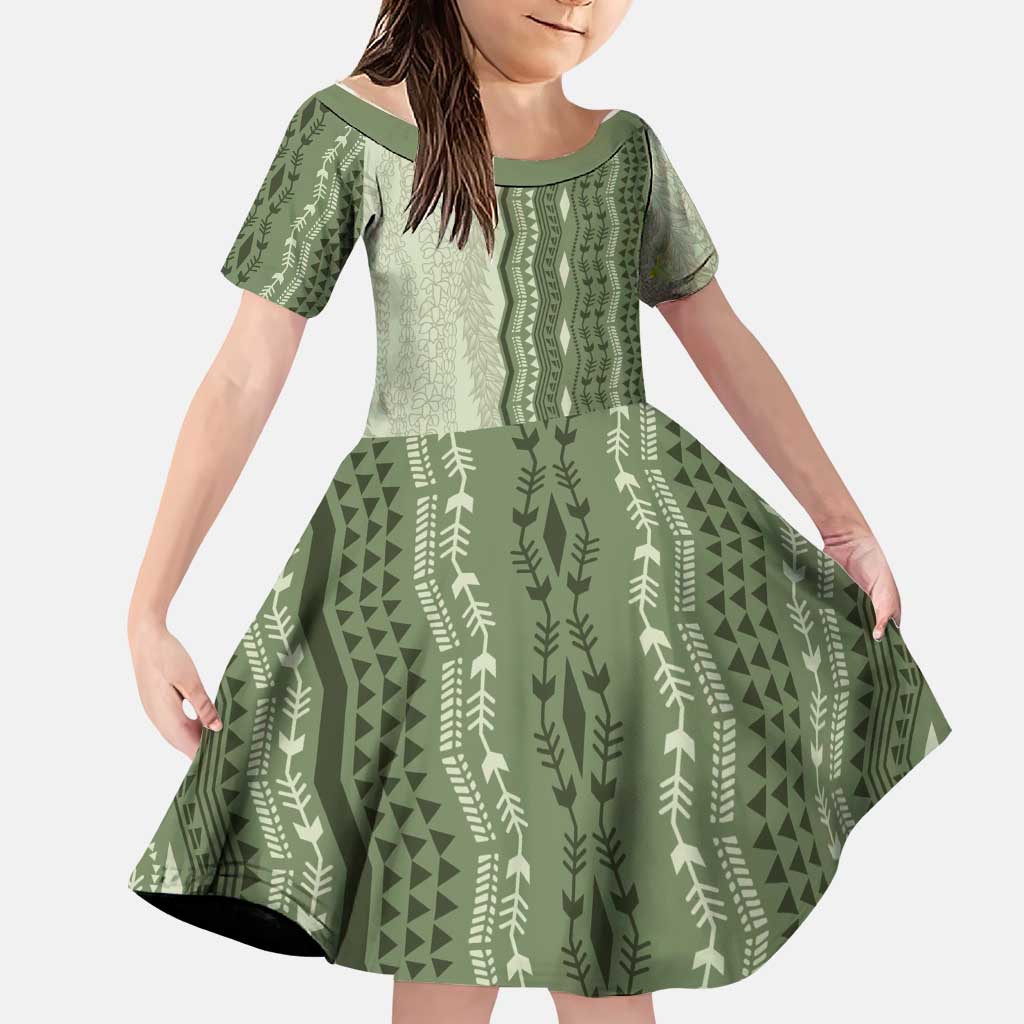 Vintage Sage Green Hawaiian Traditional Kapa Mix Flowers Lei Family Matching Off The Shoulder Long Sleeve Dress and Hawaiian Shirt