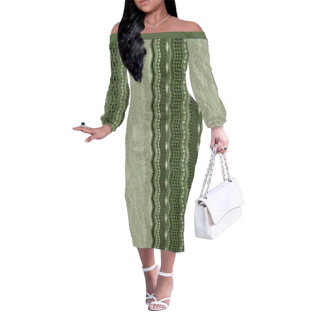 Vintage Sage Green Hawaiian Traditional Kapa Mix Flowers Lei Family Matching Off The Shoulder Long Sleeve Dress and Hawaiian Shirt