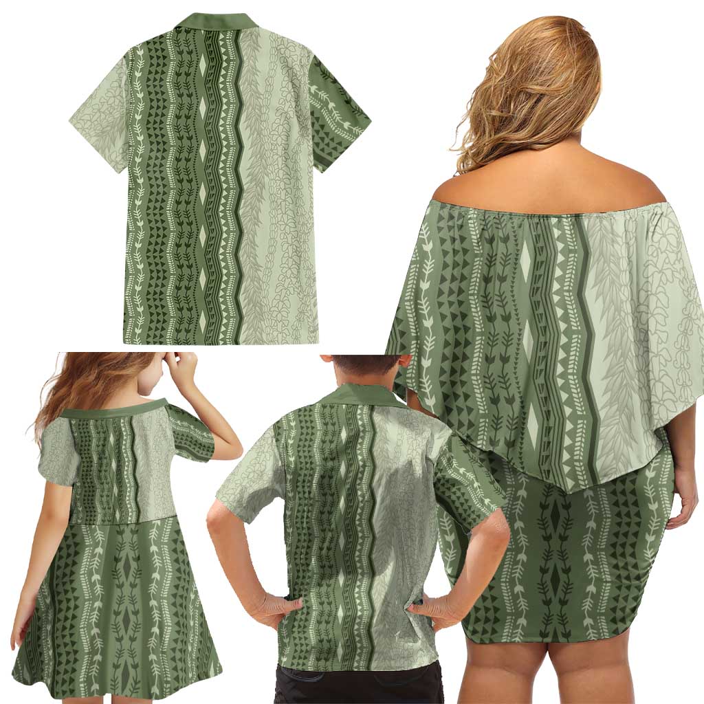 Vintage Sage Green Hawaiian Traditional Kapa Mix Flowers Lei Family Matching Off Shoulder Short Dress and Hawaiian Shirt