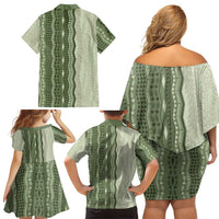 Vintage Sage Green Hawaiian Traditional Kapa Mix Flowers Lei Family Matching Off Shoulder Short Dress and Hawaiian Shirt