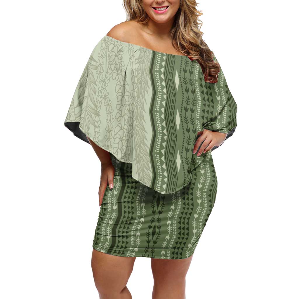 Vintage Sage Green Hawaiian Traditional Kapa Mix Flowers Lei Family Matching Off Shoulder Short Dress and Hawaiian Shirt