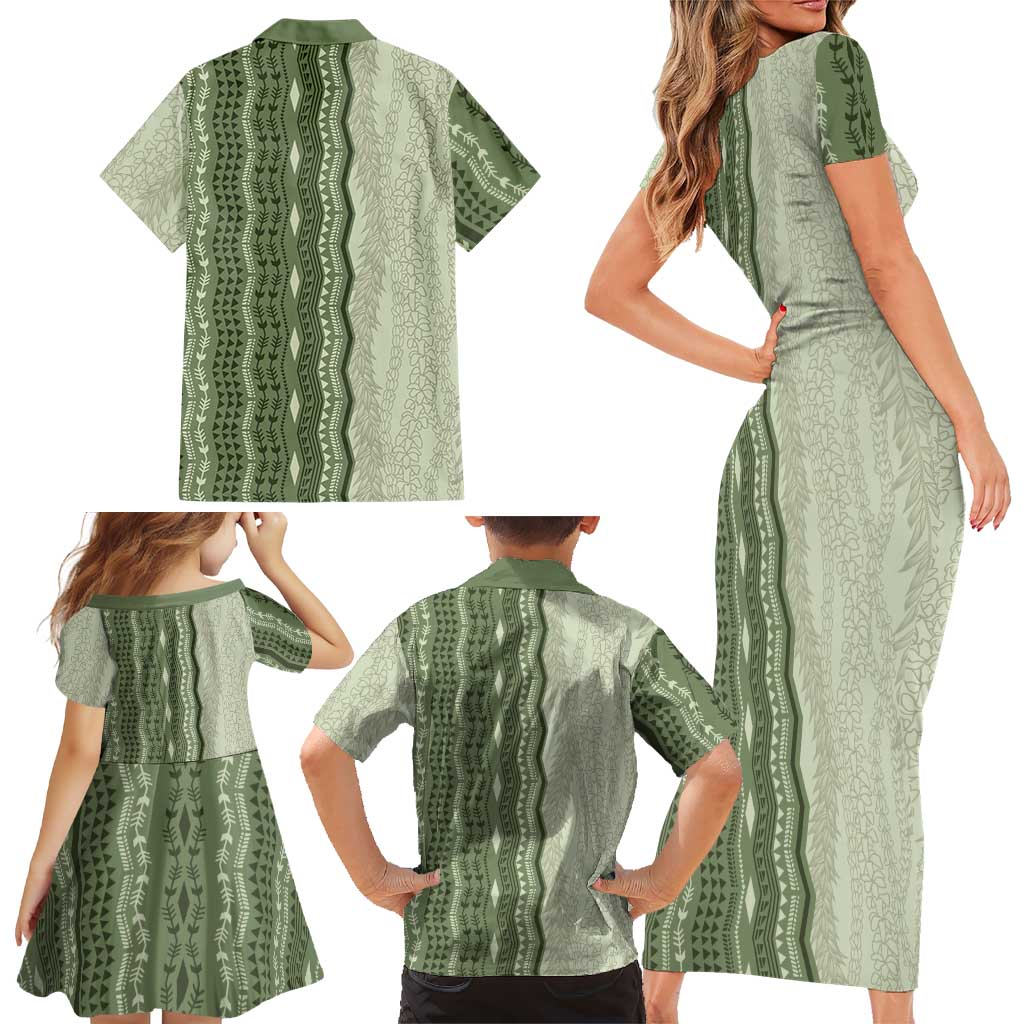 Vintage Sage Green Hawaiian Traditional Kapa Mix Flowers Lei Family Matching Short Sleeve Bodycon Dress and Hawaiian Shirt LT7 - Polynesian Pride