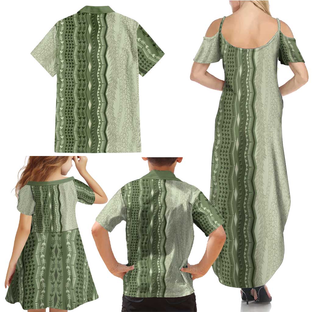 Vintage Sage Green Hawaiian Traditional Kapa Mix Flowers Lei Family Matching Summer Maxi Dress and Hawaiian Shirt