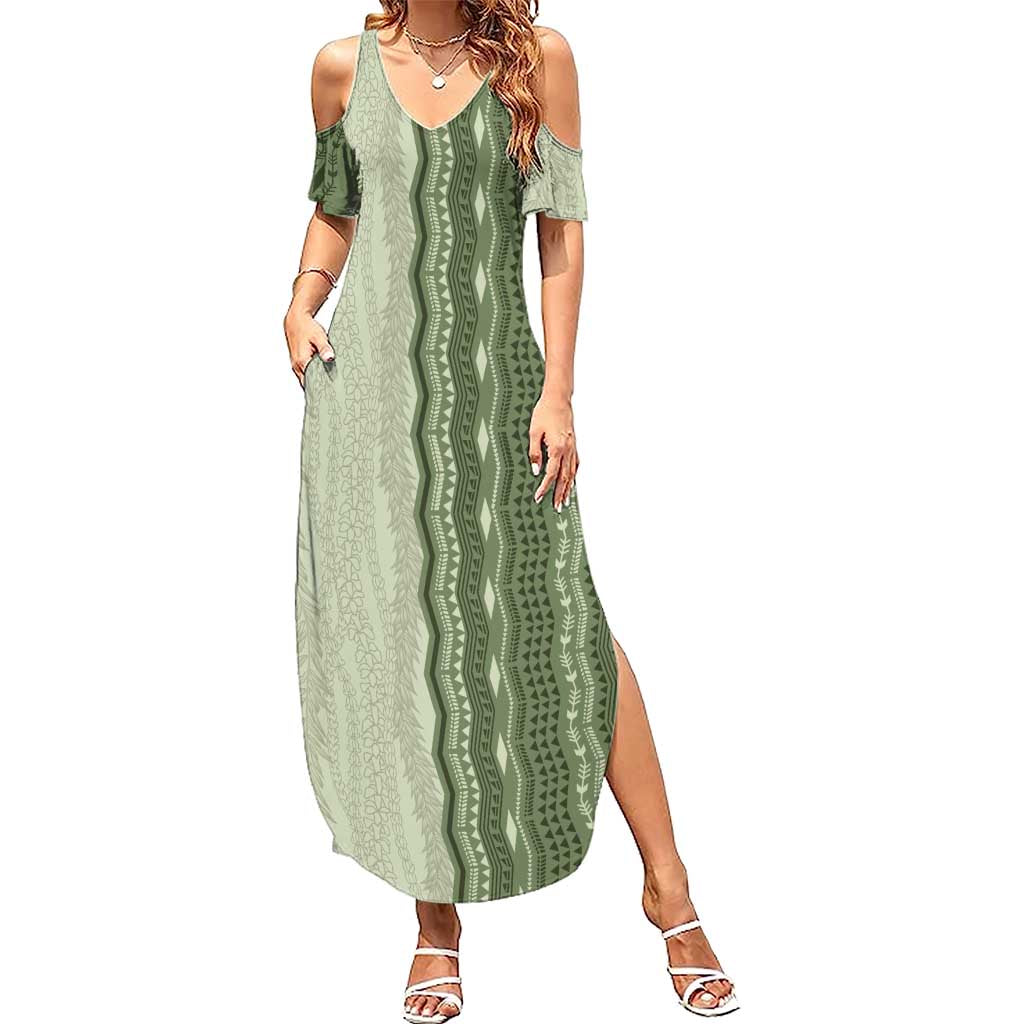 Vintage Sage Green Hawaiian Traditional Kapa Mix Flowers Lei Family Matching Summer Maxi Dress and Hawaiian Shirt