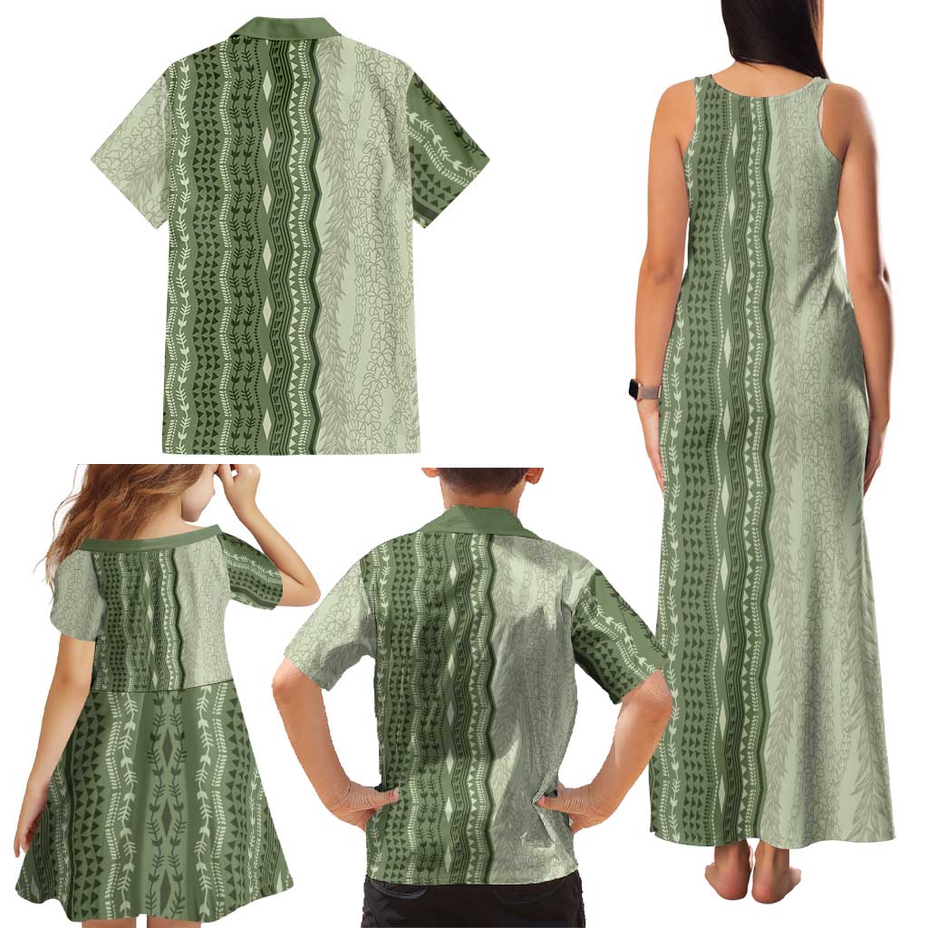 Vintage Sage Green Hawaiian Traditional Kapa Mix Flowers Lei Family Matching Tank Maxi Dress and Hawaiian Shirt