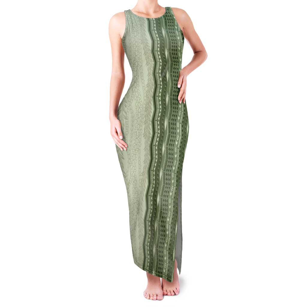 Vintage Sage Green Hawaiian Traditional Kapa Mix Flowers Lei Family Matching Tank Maxi Dress and Hawaiian Shirt