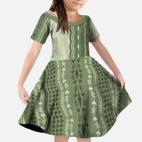 Vintage Sage Green Hawaiian Traditional Kapa Mix Flowers Lei Kid Short Sleeve Dress LT7 KID Sage Green - Polynesian Pride