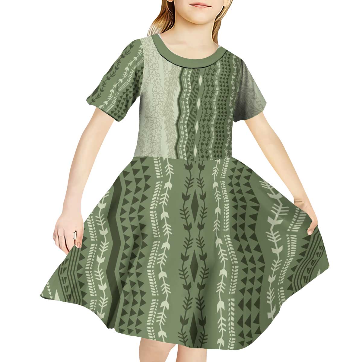 Vintage Sage Green Hawaiian Traditional Kapa Mix Flowers Lei Kid Short Sleeve Dress LT7 - Polynesian Pride