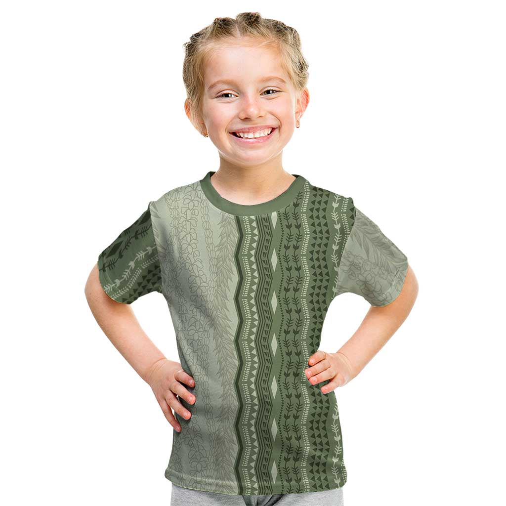 Vintage Sage Green Hawaiian Traditional Kapa Mix Flowers Lei Kid T Shirt LT7 Sage Green - Polynesian Pride