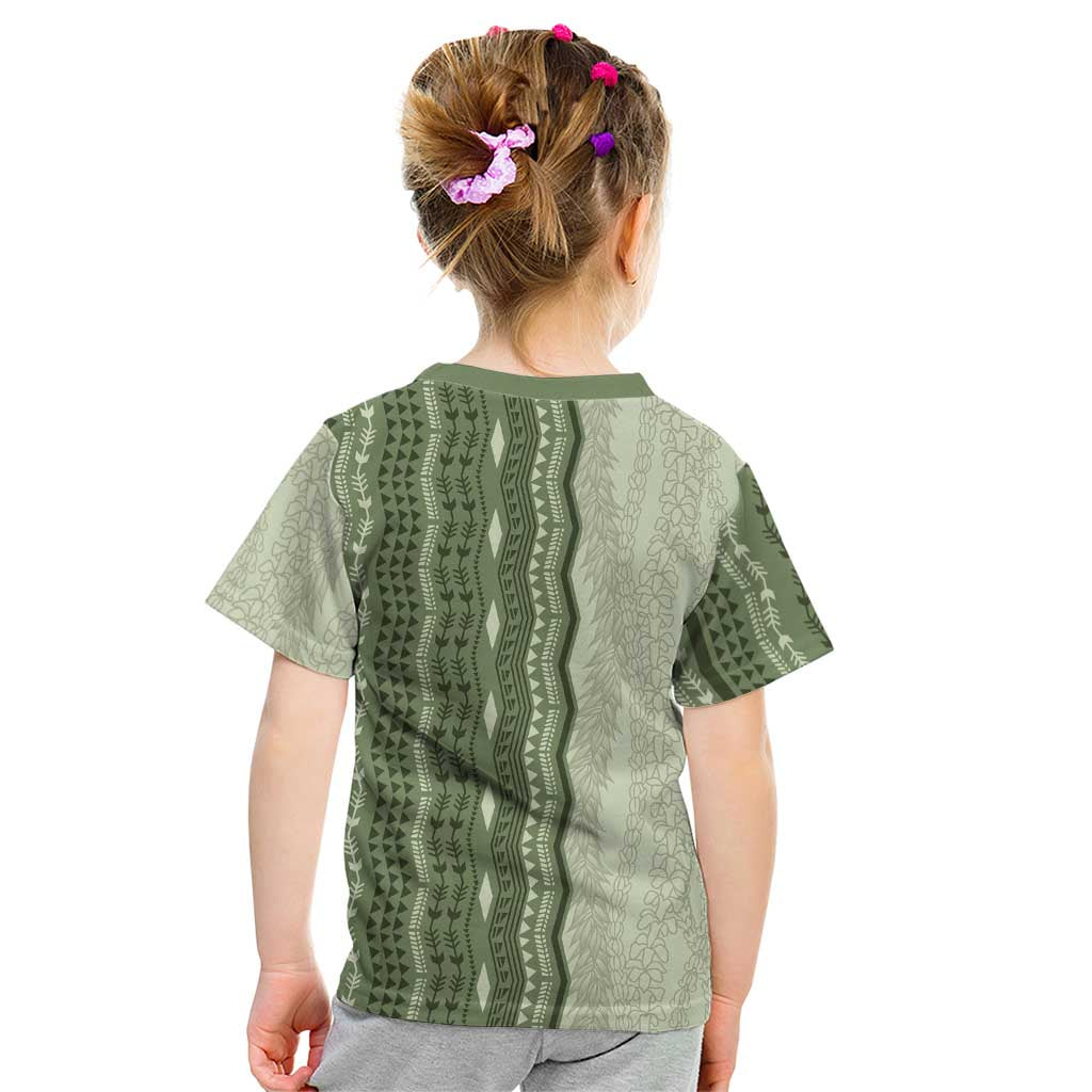 Vintage Sage Green Hawaiian Traditional Kapa Mix Flowers Lei Kid T Shirt LT7 - Polynesian Pride