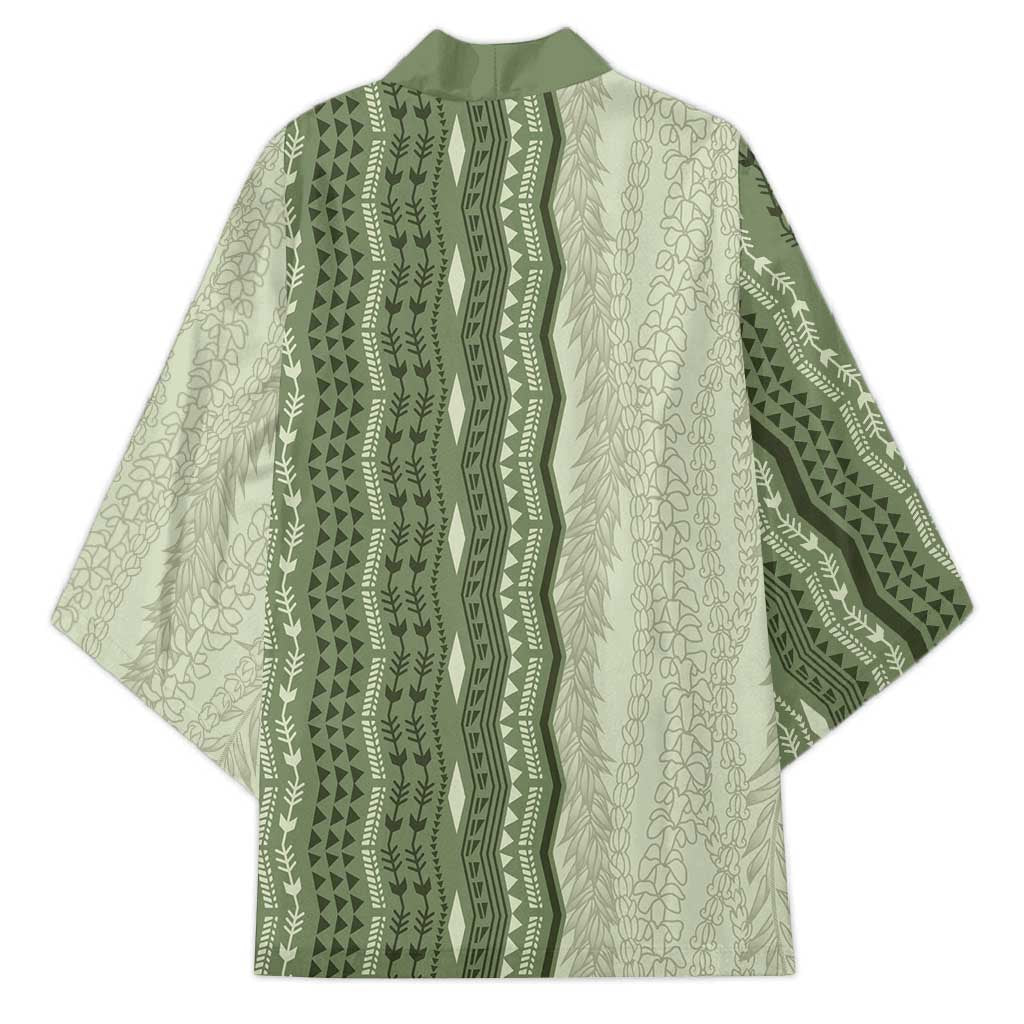 Vintage Sage Green Hawaiian Traditional Kapa Mix Flowers Lei Kimono LT7 - Polynesian Pride