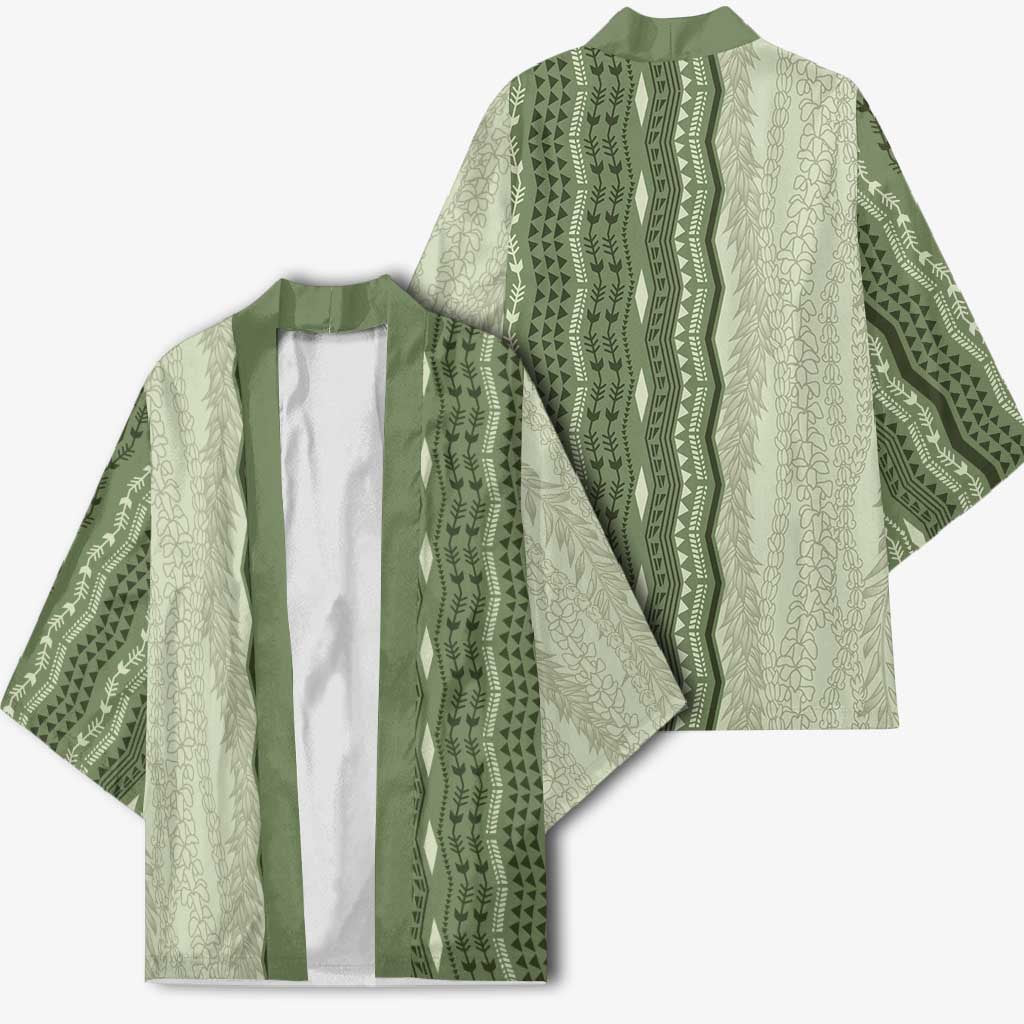 Vintage Sage Green Hawaiian Traditional Kapa Mix Flowers Lei Kimono LT7 - Polynesian Pride