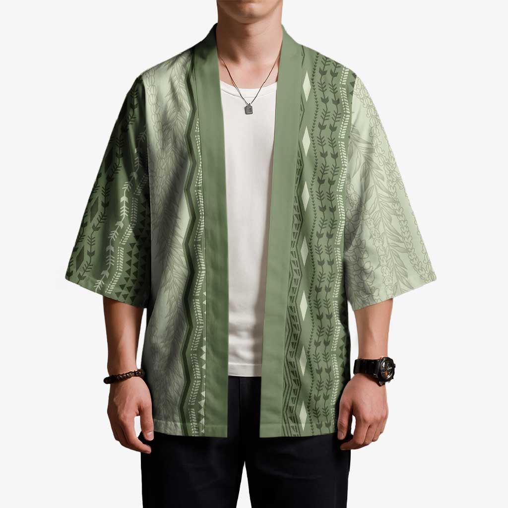Vintage Sage Green Hawaiian Traditional Kapa Mix Flowers Lei Kimono LT7 - Polynesian Pride