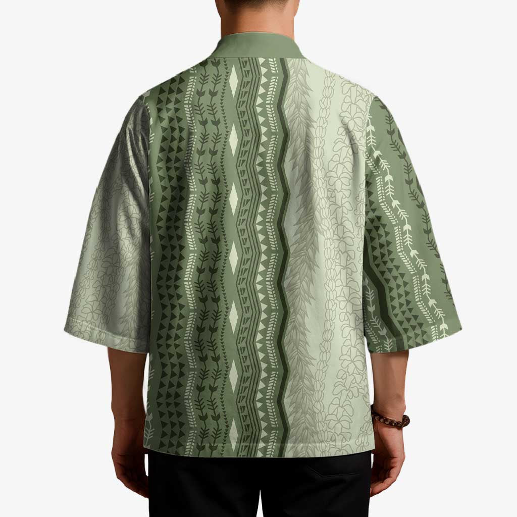 Vintage Sage Green Hawaiian Traditional Kapa Mix Flowers Lei Kimono LT7 - Polynesian Pride