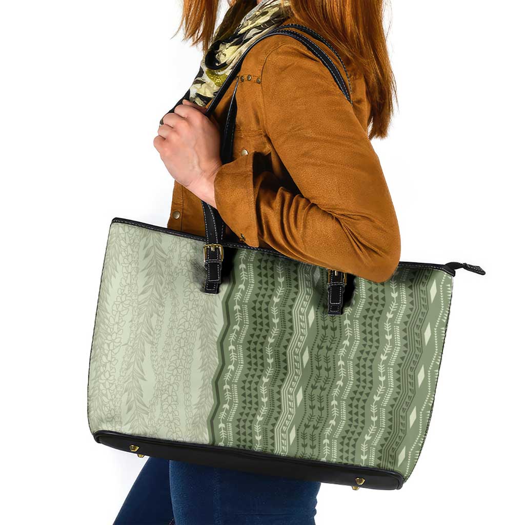 Vintage Sage Green Hawaiian Traditional Kapa Mix Flowers Lei Leather Tote Bag LT7 Sage Green - Polynesian Pride