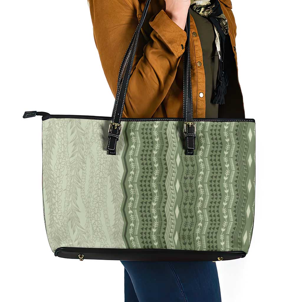 Vintage Sage Green Hawaiian Traditional Kapa Mix Flowers Lei Leather Tote Bag LT7 - Polynesian Pride