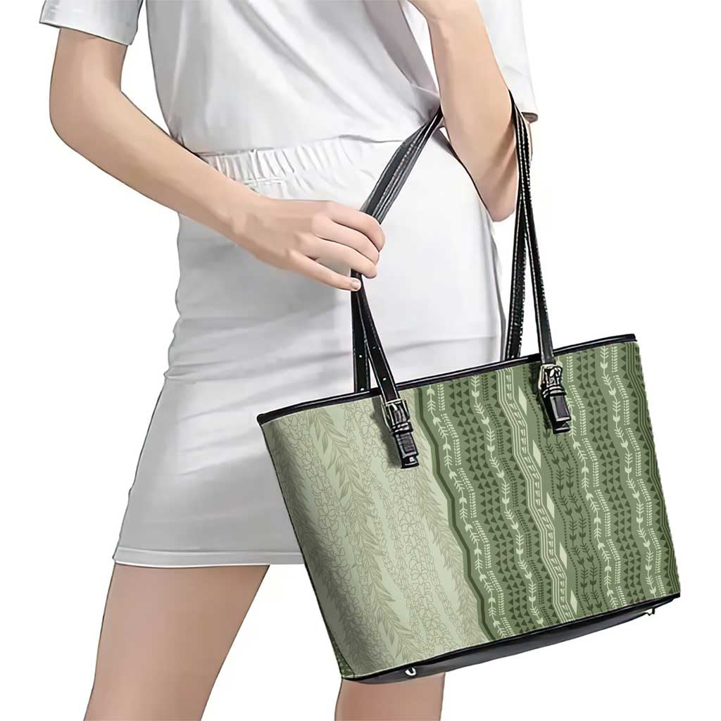 Vintage Sage Green Hawaiian Traditional Kapa Mix Flowers Lei Leather Tote Bag LT7 - Polynesian Pride