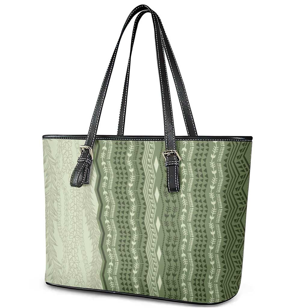 Vintage Sage Green Hawaiian Traditional Kapa Mix Flowers Lei Leather Tote Bag LT7 - Polynesian Pride