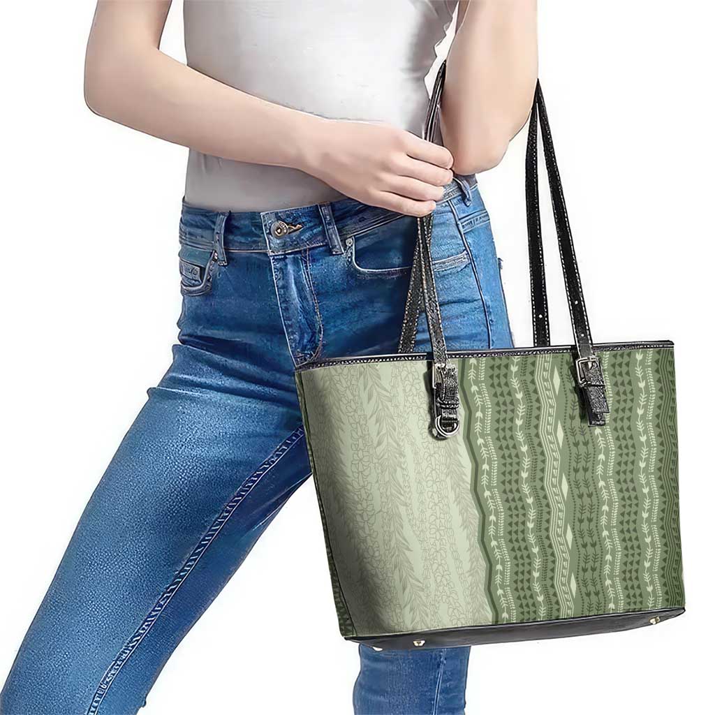 Vintage Sage Green Hawaiian Traditional Kapa Mix Flowers Lei Leather Tote Bag LT7 - Polynesian Pride