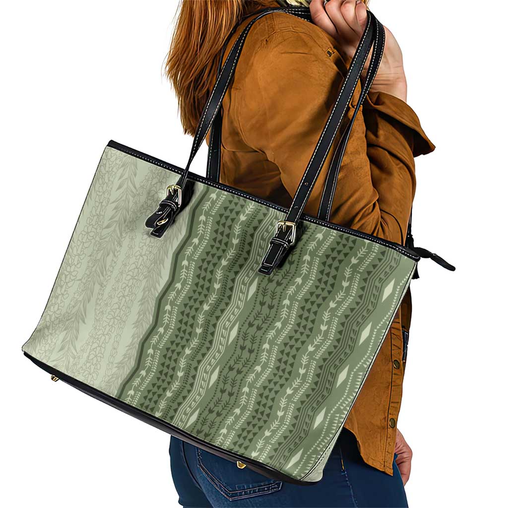 Vintage Sage Green Hawaiian Traditional Kapa Mix Flowers Lei Leather Tote Bag LT7 - Polynesian Pride