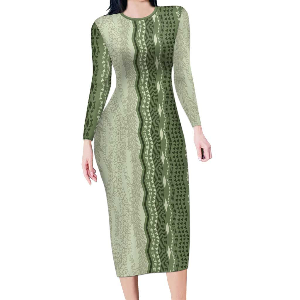 Vintage Sage Green Hawaiian Traditional Kapa Mix Flowers Lei Long Sleeve Bodycon Dress LT7 Long Dress Sage Green - Polynesian Pride