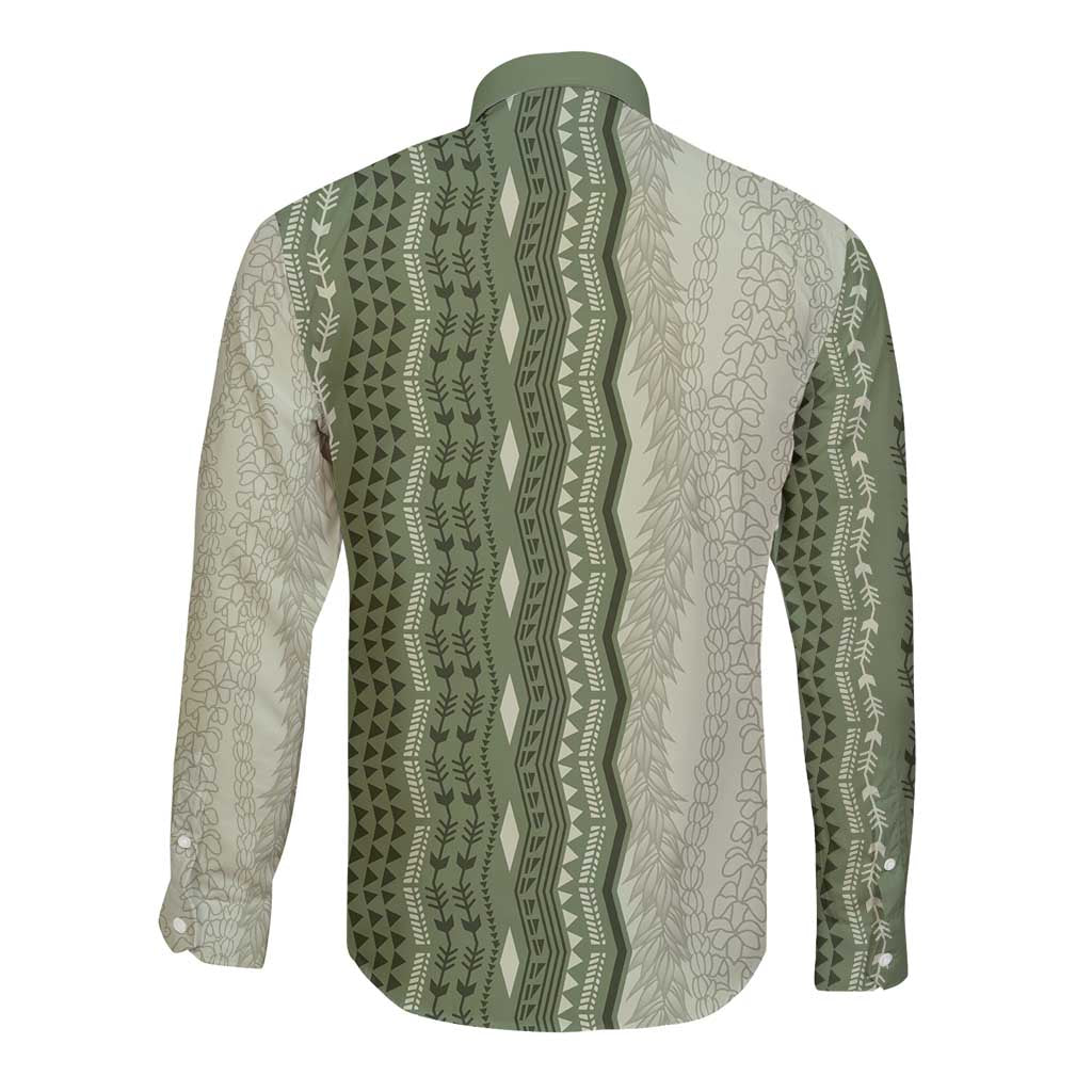 Vintage Sage Green Hawaiian Traditional Kapa Mix Flowers Lei Long Sleeve Button Shirt LT7 - Polynesian Pride