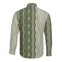 Vintage Sage Green Hawaiian Traditional Kapa Mix Flowers Lei Long Sleeve Button Shirt LT7 - Polynesian Pride