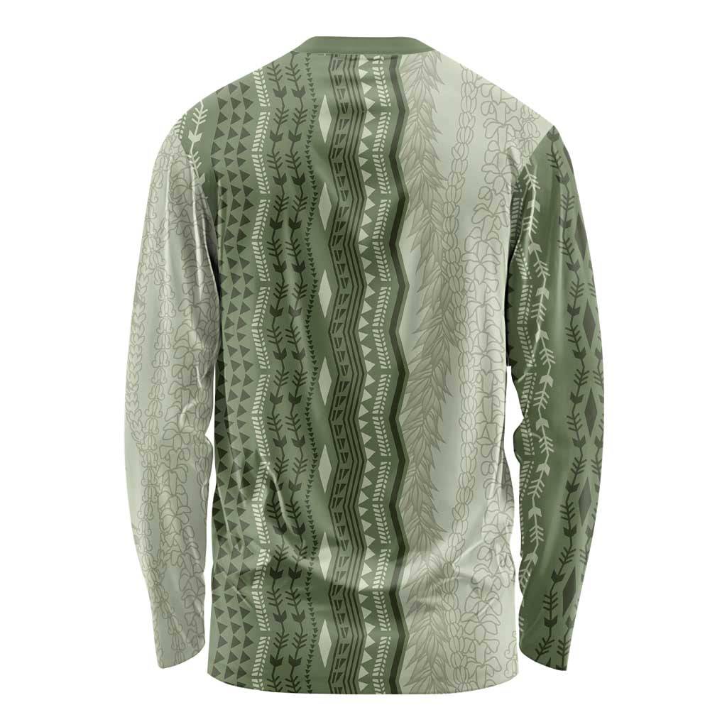 Vintage Sage Green Hawaiian Traditional Kapa Mix Flowers Lei Long Sleeve Shirt LT7 - Polynesian Pride