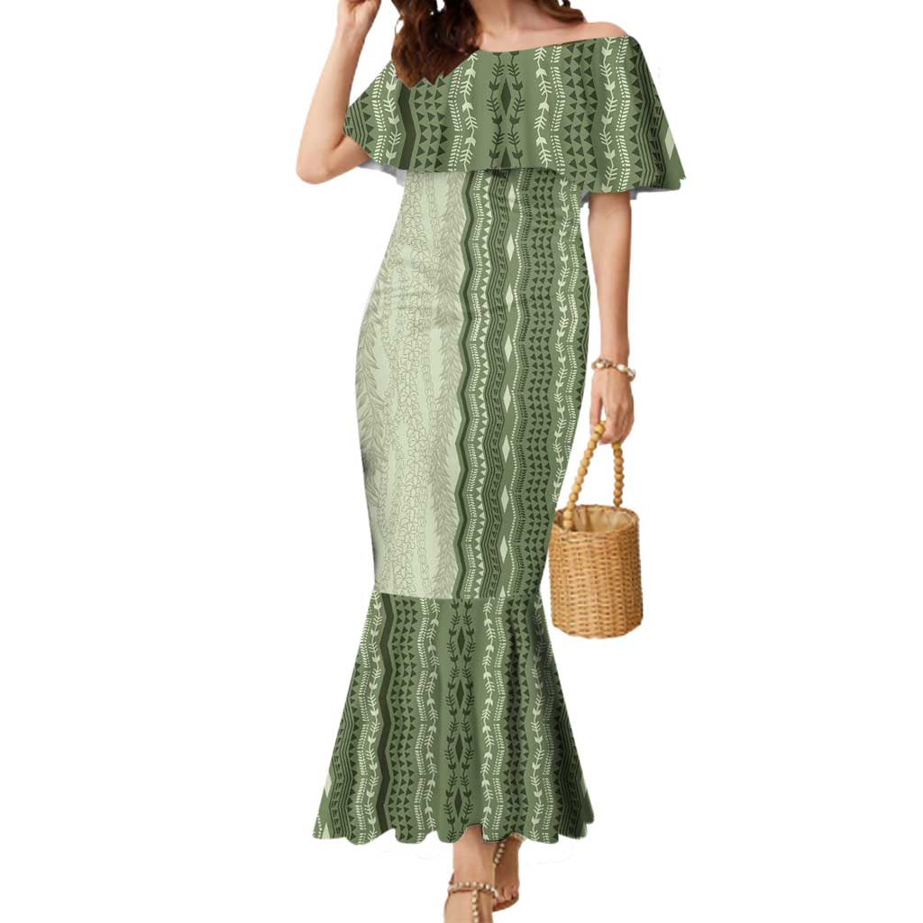Vintage Sage Green Hawaiian Traditional Kapa Mix Flowers Lei Mermaid Dress LT7 Women Sage Green - Polynesian Pride