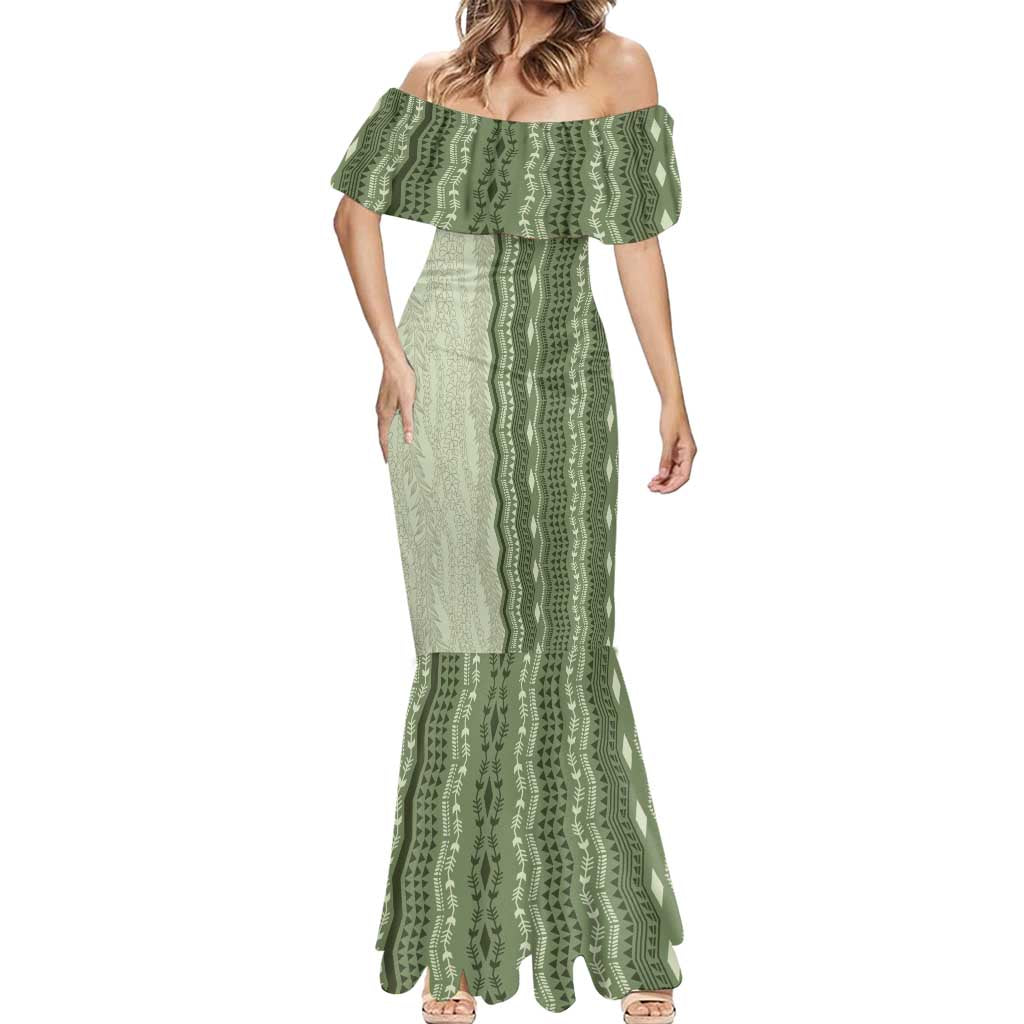 Vintage Sage Green Hawaiian Traditional Kapa Mix Flowers Lei Mermaid Dress LT7 - Polynesian Pride