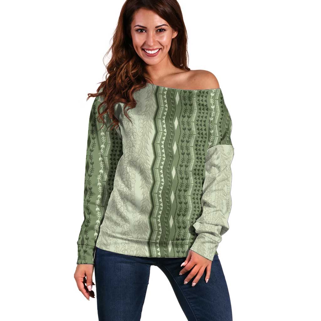 Vintage Sage Green Hawaiian Traditional Kapa Mix Flowers Lei Off Shoulder Sweater LT7 Women Sage Green - Polynesian Pride