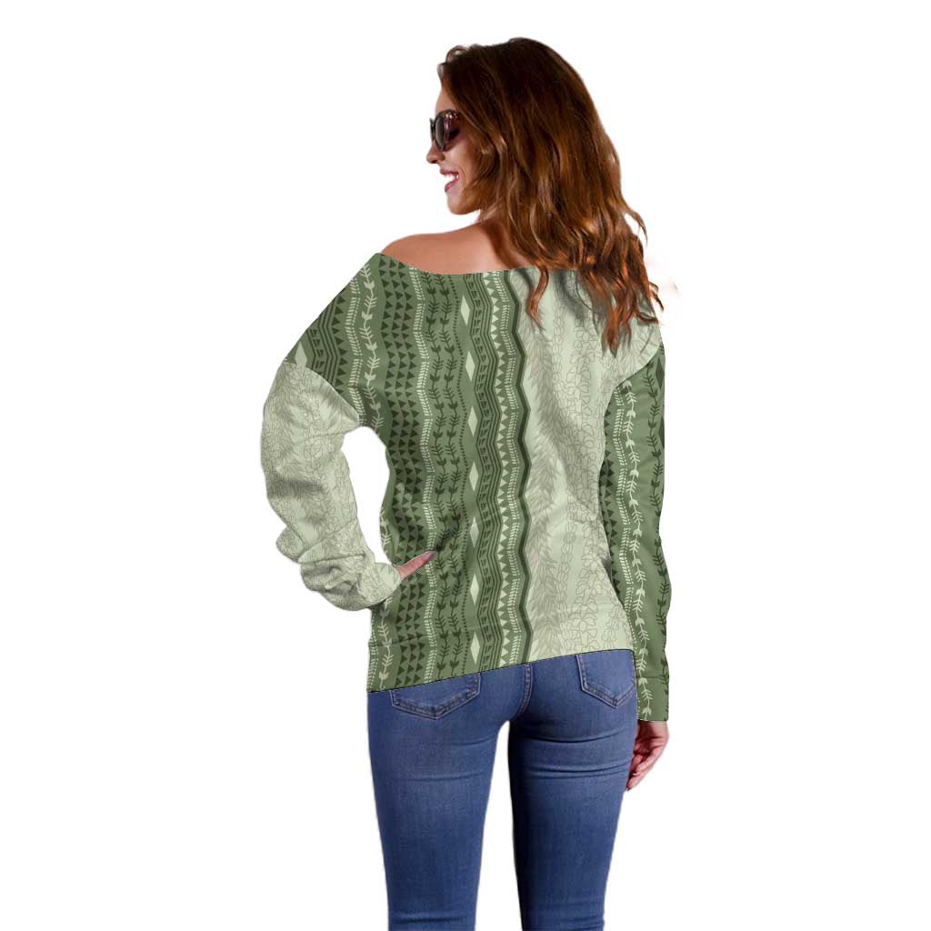 Vintage Sage Green Hawaiian Traditional Kapa Mix Flowers Lei Off Shoulder Sweater LT7 - Polynesian Pride